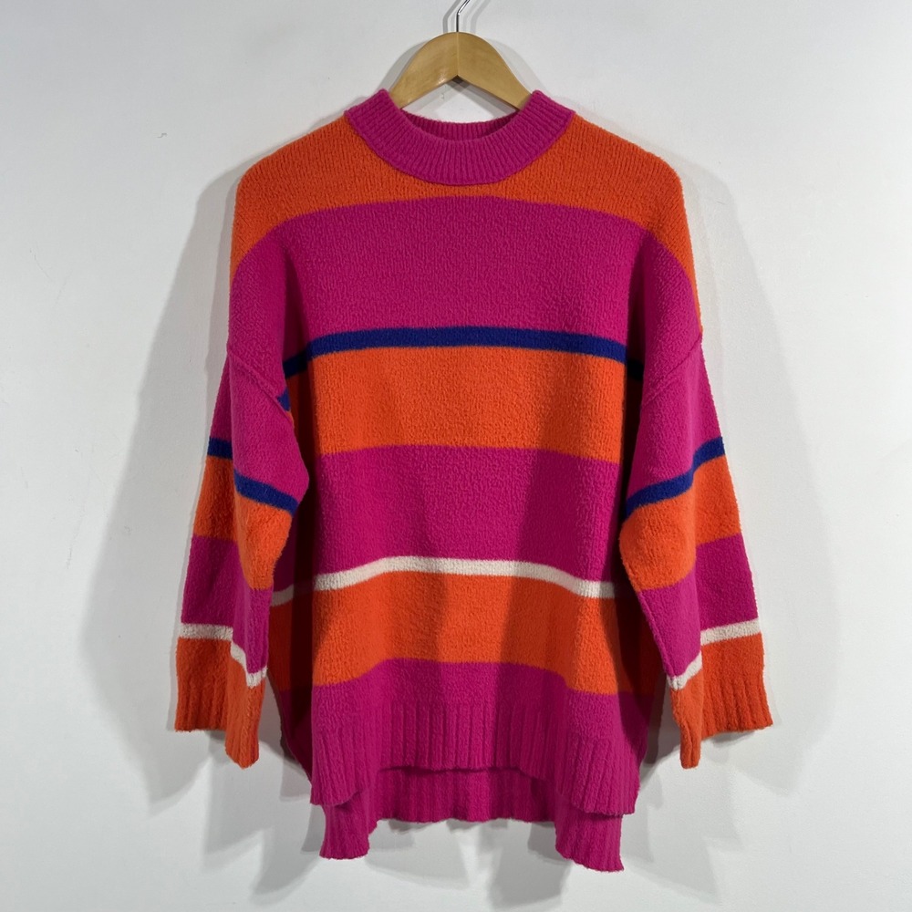 Free People Granola Boho Mock Neck Oversized Rainbow Striped Knit Sweater XS